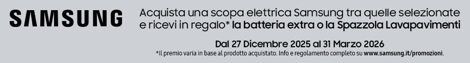 Il meglio delle scope ricaricabili Samsung Jet ti regala, a seconda del prodotto promozionato acquistato, la seconda batteria o la spazzola lavapavimenti