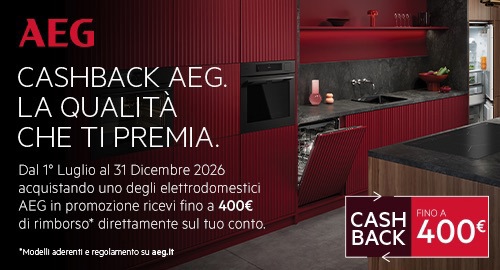 La qualità che ti premia: acquistando uno degli elettrodomestici AEG in promozione ricevi fino a 400€ di rimborso direttamente sul tuo conto.