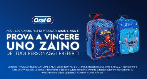Acquista almeno €15 di prodotti ORAL-B KIDS e prova a vincere uno zaino dei tuoi personaggi preferiti
