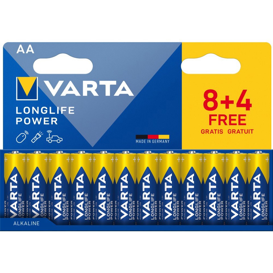 Varta Longlife Power, Batteria Alcalina, AA, Blister da 8+4, Made in Germany