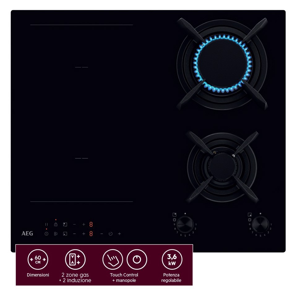 AEG Piano Gas+Induz. Comandi Frontali 60 Cm MADE IN ITALY CN071436DH