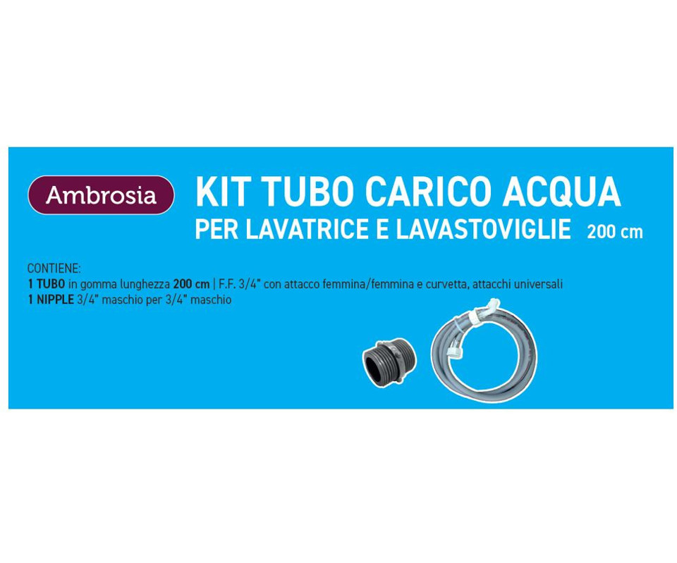 Ambrosia KIT: TUBO CARICO LAVATR. CURVO CM.200 + 1 NIPPLES P/RACCORDARE DA 3/4" M.M IN PLASTICA