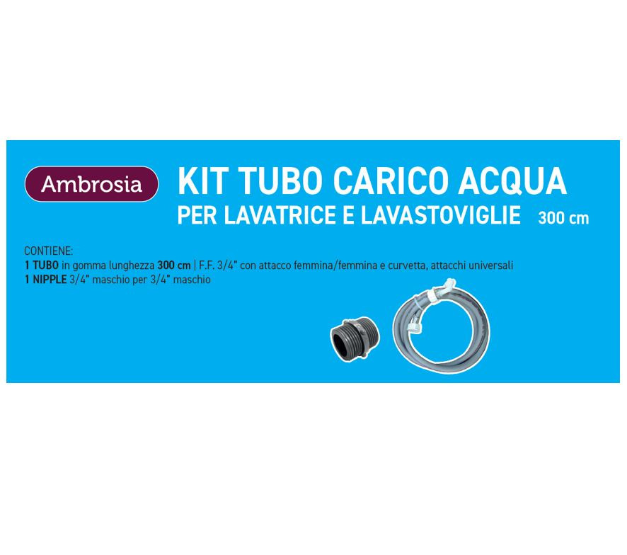 Ambrosia KIT: TUBO CARICO LAVATR. CURVO CM.300 + 1 NIPPLES P/RACCORDARE DA 3/4" M.M IN PLASTICA