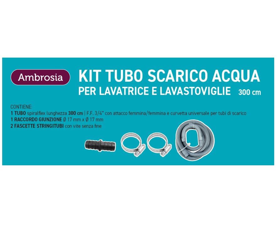 Ambrosia KIT: TUBO SCARICO LAVAT. CM300 CON CURVETTA + 1 RACCORDO P/TUBO SCARICO MM 17X17 + 2 FASCETTE STRINGITUBI