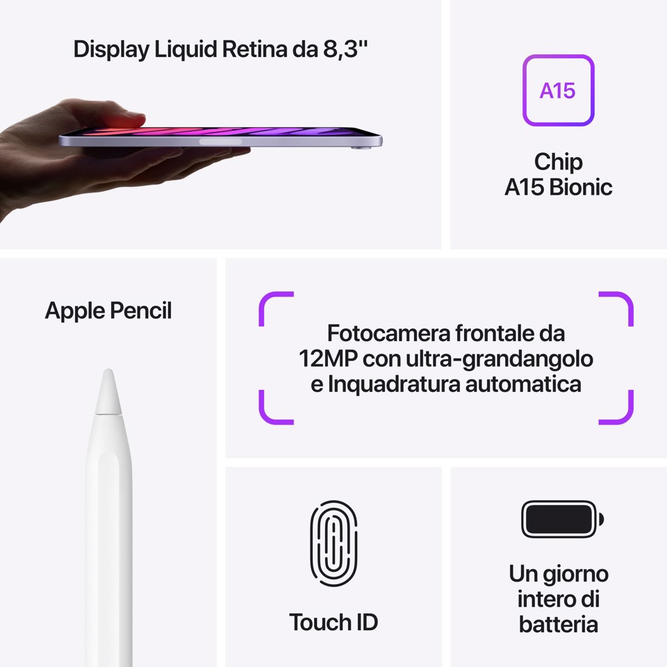 Apple iPad mini, 8.3" LED, 2266 x 1488, A15 Bionic, 64GB, 802.11ax Wi‑Fi 6, Bluetooth 5.0, Touch ID, 12MP + 12MP, iPadOS