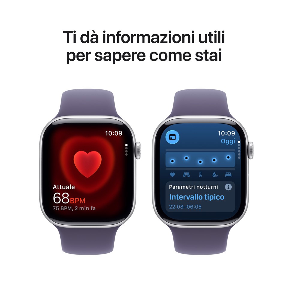 Apple Watch Series 11 GPS 46mm Cassa Alluminio Argento con Sport Band Viola Nebbia - S/M