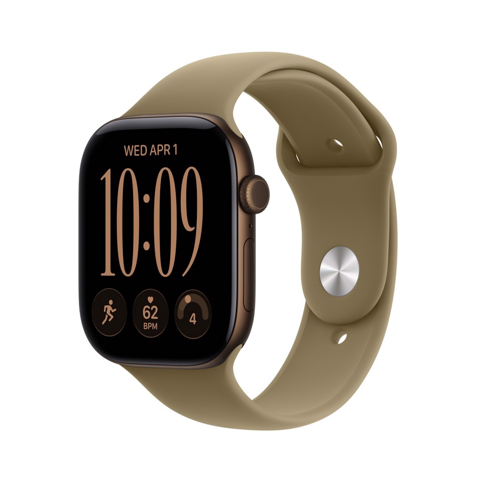 Apple Watch Series 12 GPS, cassa 46 mm in alluminio color bronzo scuro con cinturino Sport oliva - S/M