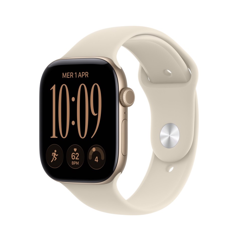 Apple Watch Series 12 GPS + Cellular, cassa 46 mm in alluminio color oro chiaro con cinturino Sport sabbia - S/M