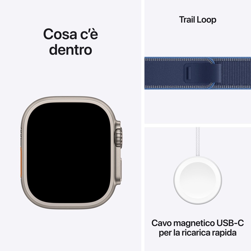 Apple Watch Ultra 3 GPS + Cellular 49mm Cassa Titanio con Trail Loop Blu/Blu Acceso - M/L
