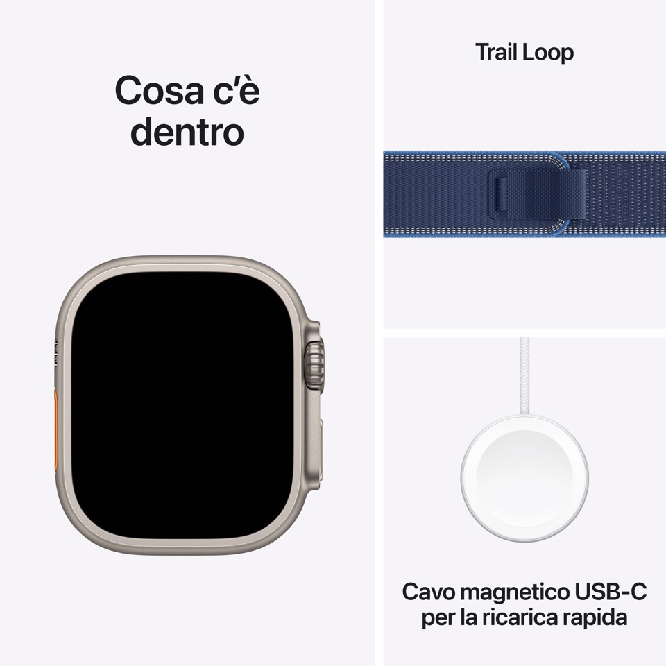 Apple Watch Ultra 3 GPS + Cellular 49mm Cassa Titanio con Trail Loop Blu/Blu Acceso - M/L
