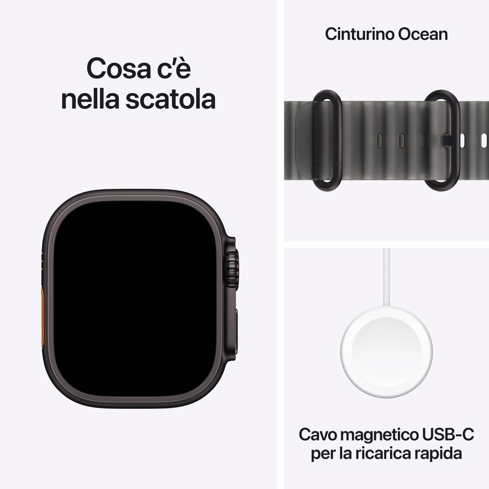 Apple Watch Ultra 4 GPS + Cellular, Cassa 49 mm in titanio nero con cinturino Ocean nero traslucido