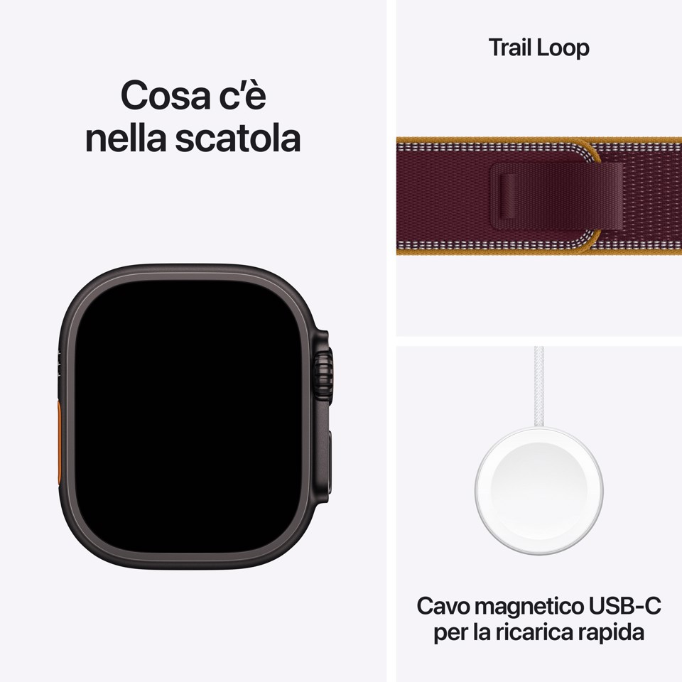 Apple Watch Ultra 4 GPS + Cellular, Cassa 49 mm in titanio nero con Trail Loop borgogna - M/L