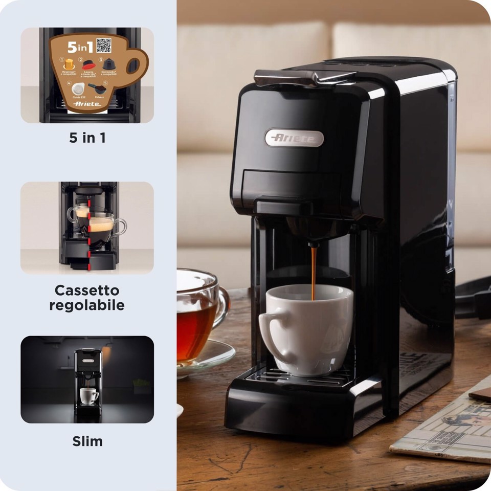 Ariete 1304 Macchina da caffè a cassetti, 1350W, Capacità serbatoio 0,7L, Pressione 19 bar, 2 tipologie di caffè, Capsule Nespresso*, Dolcegusto*, Lavazza A Modo Mio*, Cialde e Polvere, Nero