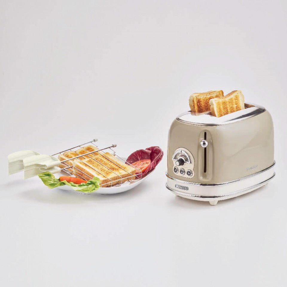 Ariete 155 Tostapane Vintage 2 fette di pane - con pinze - 6 livelli di tostatura - 810 Watt- Acciaio Inox - Linea Vintage - Beige