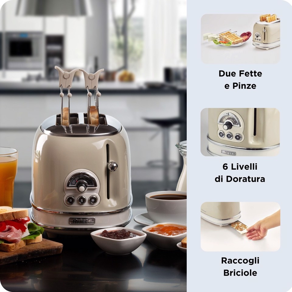 Ariete 155 Tostapane Vintage 2 fette di pane - con pinze - 6 livelli di tostatura - 810 Watt- Acciaio Inox - Linea Vintage - Beige