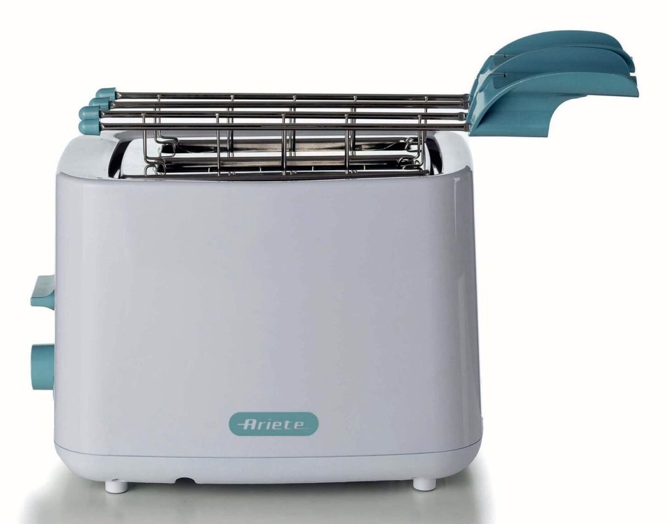 Ariete 157 Tostapane Breakfast, 760W, Capacità 2 fette di pane, Pinze in acciaio inox, 7 livelli di doratura, Pulsante stop, Tocco freddo, White & Aegean Teal