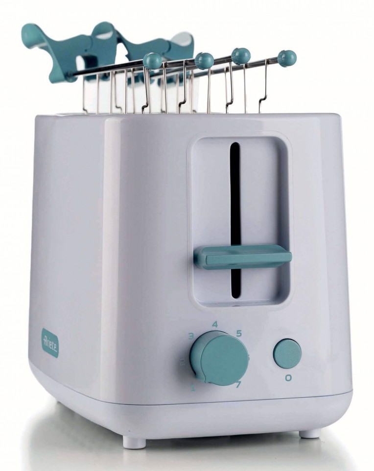 Ariete 157 Tostapane Breakfast, 760W, Capacità 2 fette di pane, Pinze in acciaio inox, 7 livelli di doratura, Pulsante stop, Tocco freddo, White & Aegean Teal