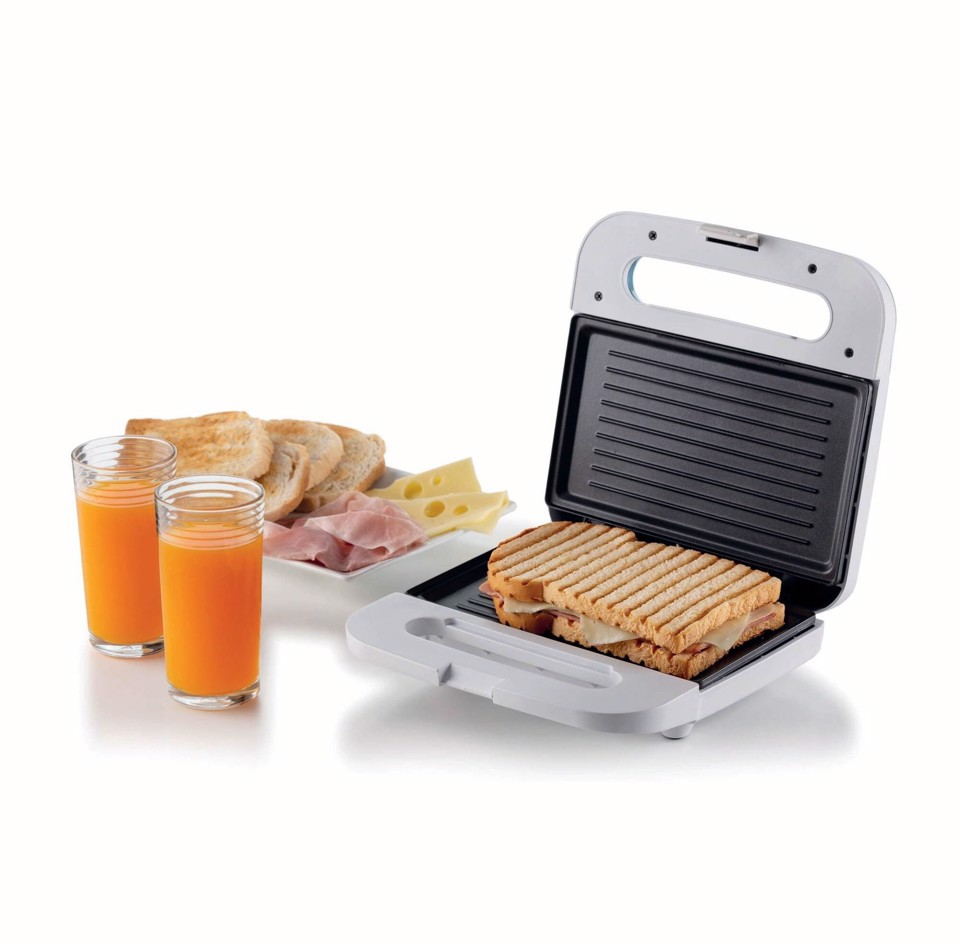 Ariete 1971 Tostiera Breakfast, Piastra elettrica per toast, sandwich e panini, 750W, Piastre fisse grill, Rivestimento antiaderente, Posizione e riponimento verticale, White & Aegean Teal