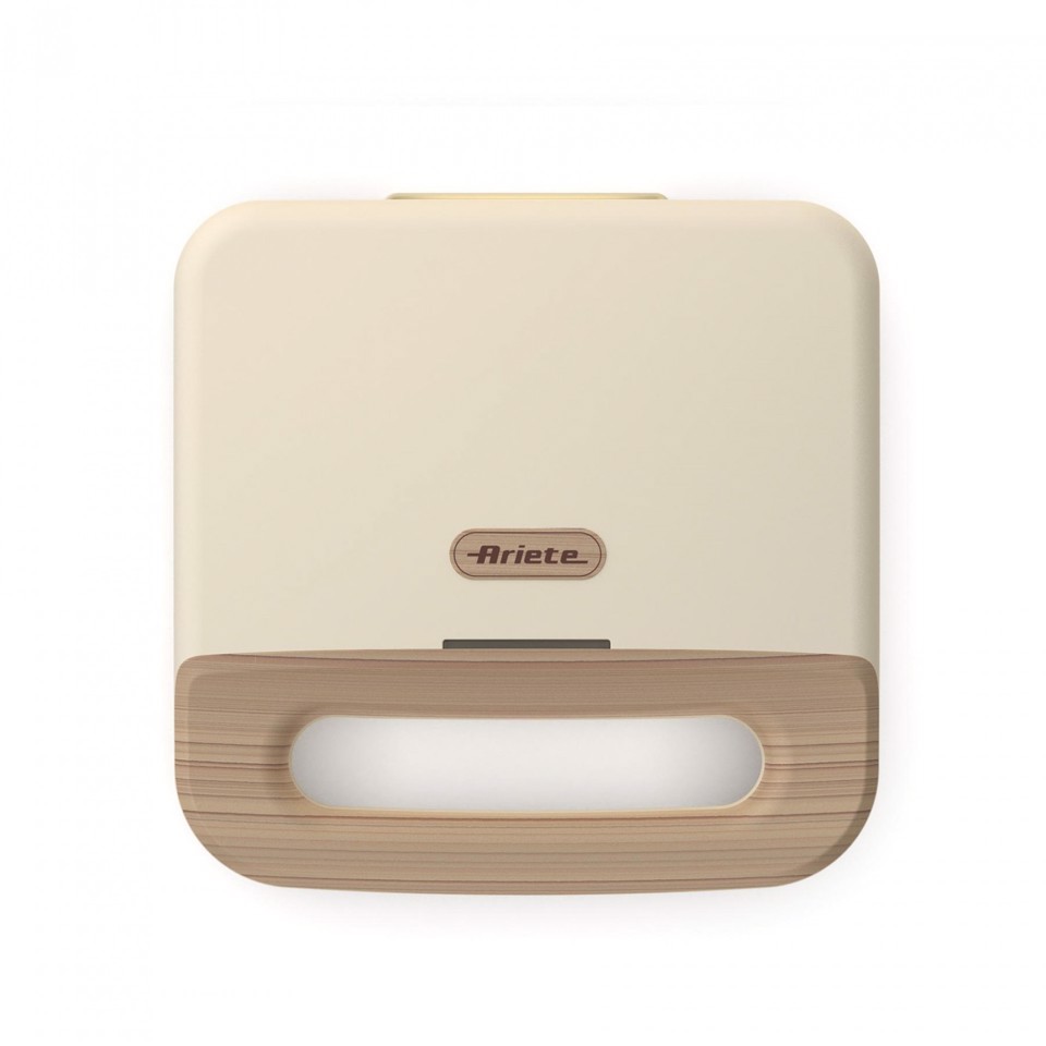Ariete 1971 Tostiera Breakfast Wood, Griglia Elettrica Panini, 750W, Effetto Legno, Piastra Antiaderente Grill 23x13cm, Riponimento Verticale, Beige