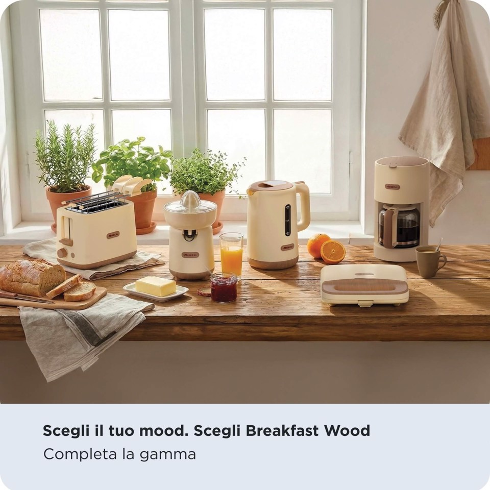 Ariete 1971 Tostiera Breakfast Wood, Griglia Elettrica Panini, 750W, Effetto Legno, Piastra Antiaderente Grill 23x13cm, Riponimento Verticale, Beige