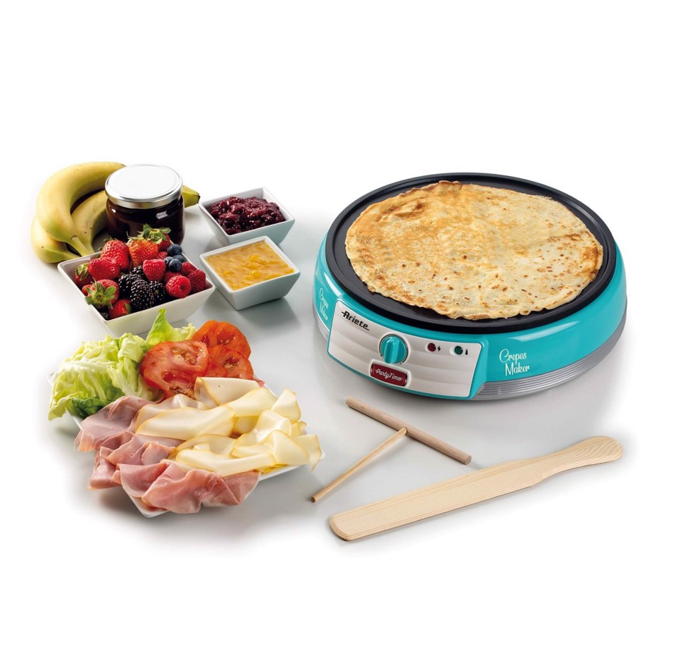 Ariete 202 Crepes Maker Party Time - Piastra per Crepes antiaderente - 2 spatole in legno - ricettario - 1000 W - Celeste
