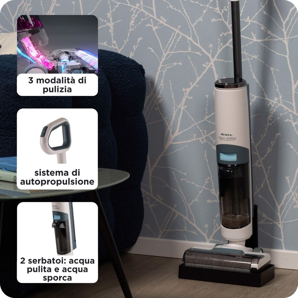 Ariete 2483 Aqua Force Wash & Vacuum, Aspirapolvere Intelligente, Lavapavimenti cordless, Senza fili, Aspira e lava, Peli animali, Sporco liquido e secco, Capacità 700ml, Accessori inclusi
