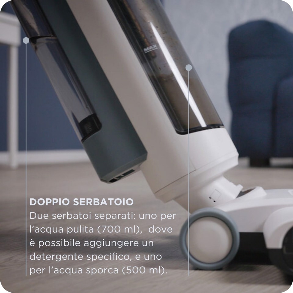 Ariete 2483 Aqua Force Wash & Vacuum, Aspirapolvere Intelligente, Lavapavimenti cordless, Senza fili, Aspira e lava, Peli animali, Sporco liquido e secco, Capacità 700ml, Accessori inclusi