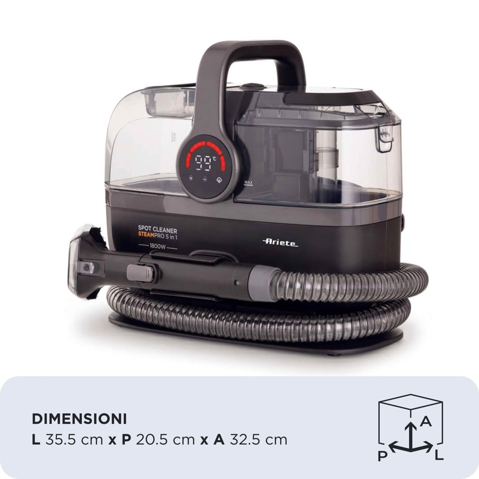 Ariete 2484 Spot Cleaner Steam PRO 5in1, Lavatappeti e pulitore a vapore, Elimina macchie da interni Auto, Divani, Moquette, Materassi, tappeti, 1800W, 3 modalità di pulizia, Elevata potenza aspirante, Pet care, 2 serbatoi