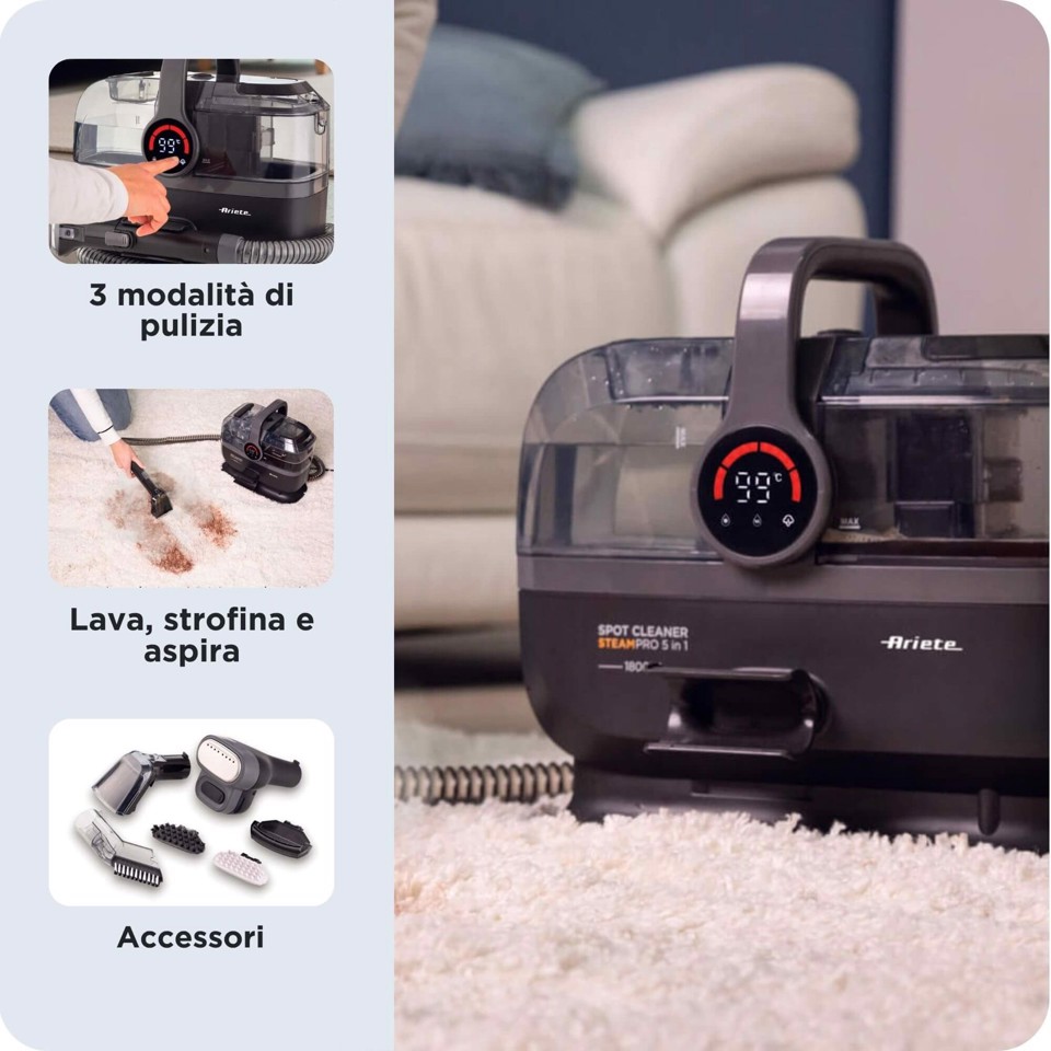 Ariete 2484 Spot Cleaner Steam PRO 5in1, Lavatappeti e pulitore a vapore, Elimina macchie da interni Auto, Divani, Moquette, Materassi, tappeti, 1800W, 3 modalità di pulizia, Elevata potenza aspirante, Pet care, 2 serbatoi