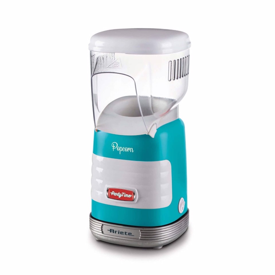 Ariete 2956, Pop Corn Party Time, Macchina per Pop Corn, Scoppia 60gr di Mais per Pop Corn in 2 minuti con Aria Calda, Senza Grassi, 1000 Watt, Celeste