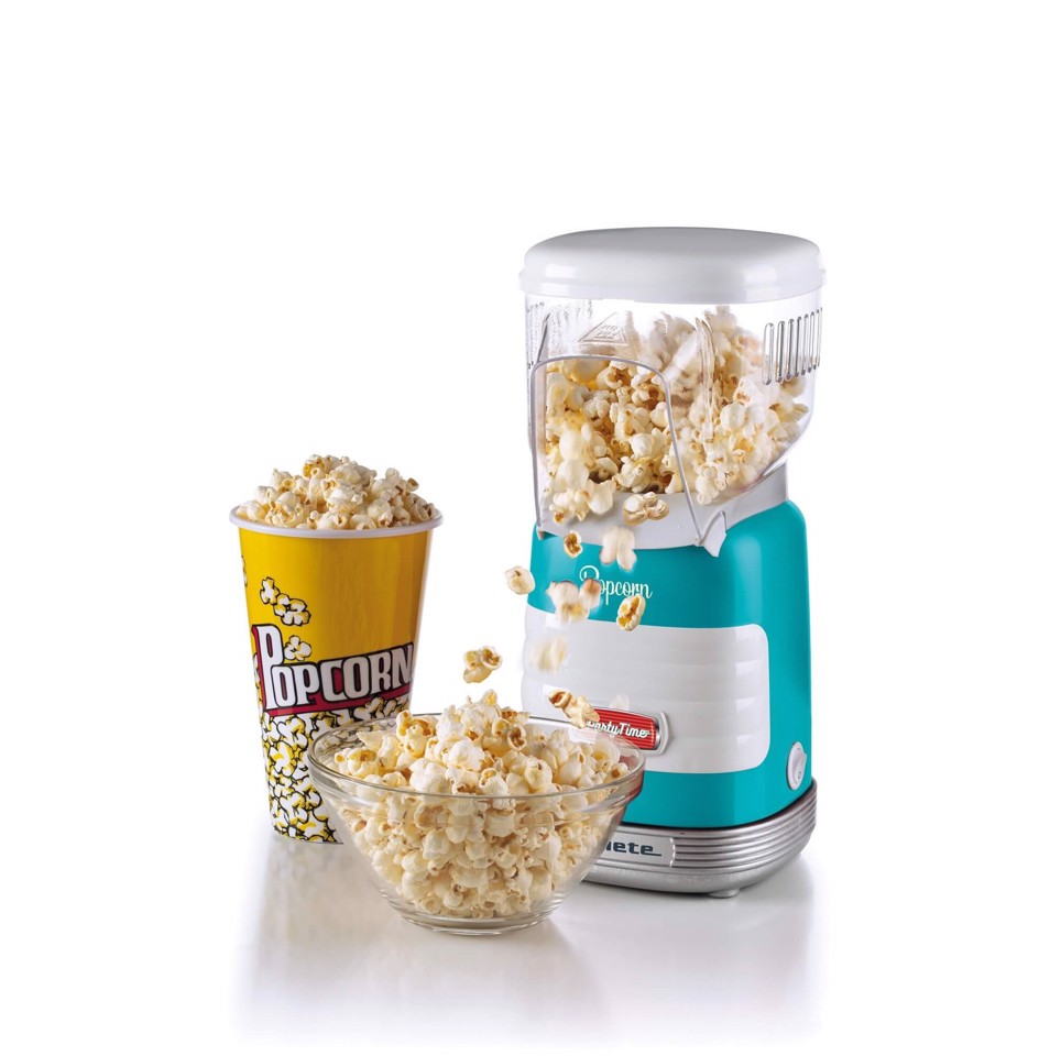 Ariete 2956, Pop Corn Party Time, Macchina per Pop Corn, Scoppia 60gr di Mais per Pop Corn in 2 minuti con Aria Calda, Senza Grassi, 1000 Watt, Celeste