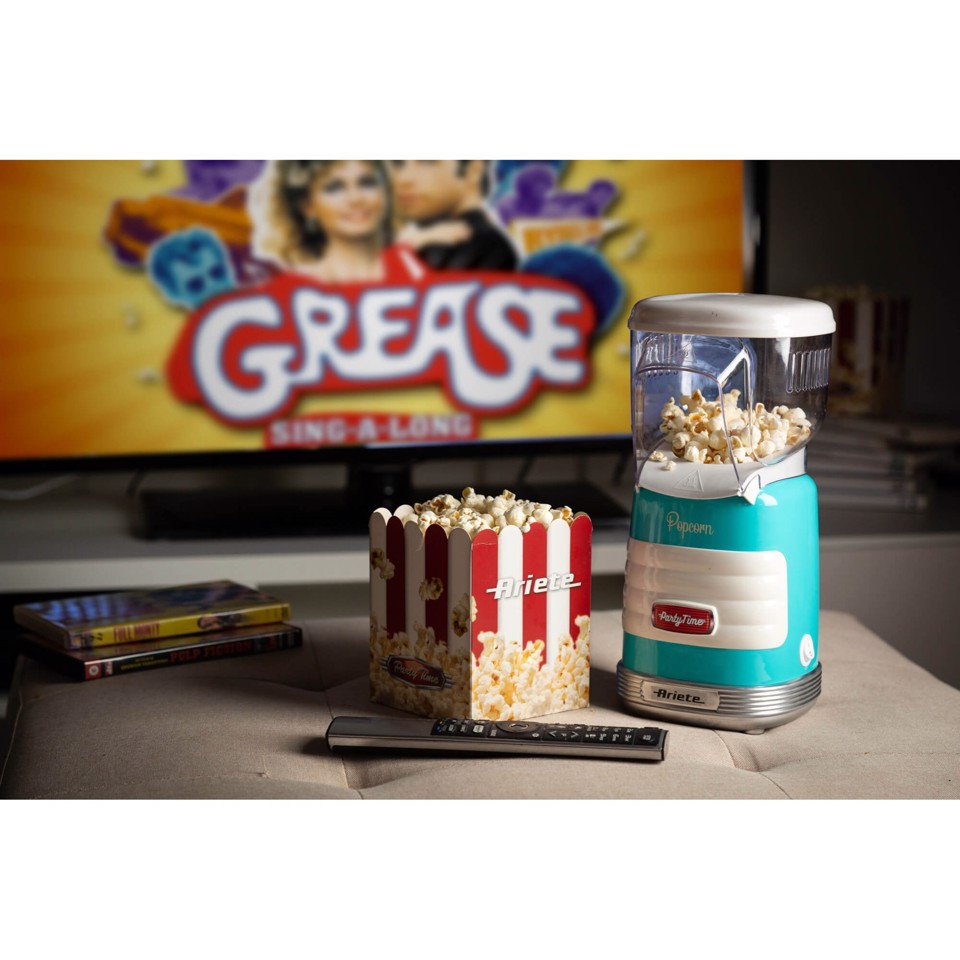 Ariete 2956, Pop Corn Party Time, Macchina per Pop Corn, Scoppia 60gr di Mais per Pop Corn in 2 minuti con Aria Calda, Senza Grassi, 1000 Watt, Celeste