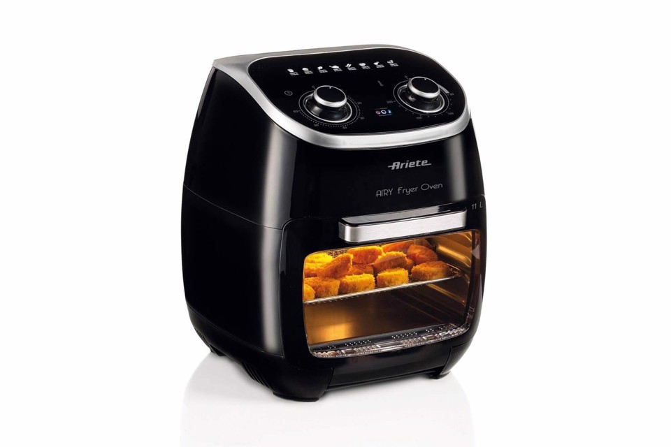 Ariete 4619, Airy Fryer Oven, Friggitrice ad Aria Forno Elettrico, Frigge senza olio e grassi, 2000 Watt, 11 Litri, Temperatura max 200°, 3 Griglie, Cestello Girevole e Girarrosto, Nero