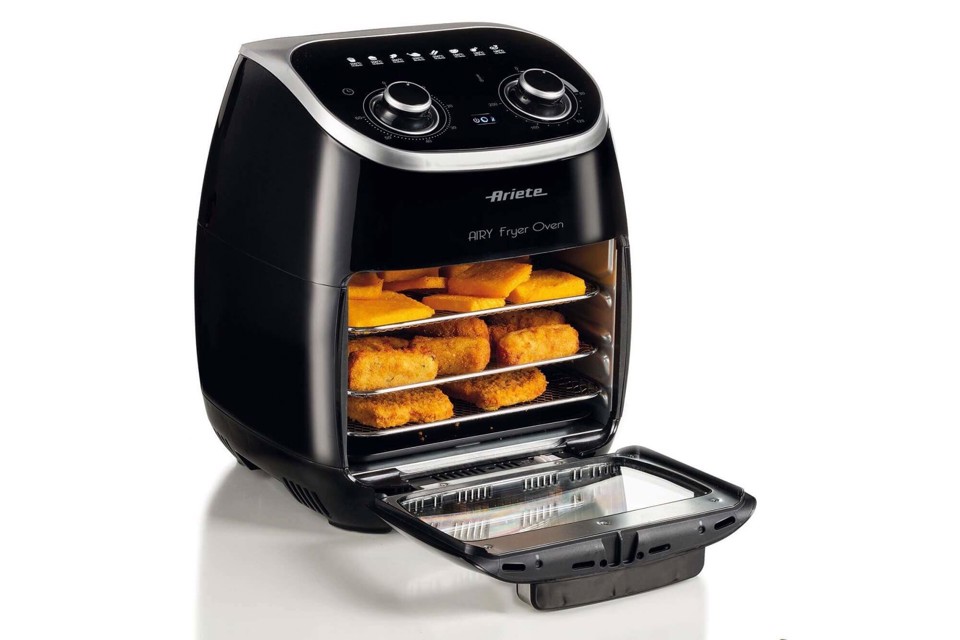 Ariete 4619, Airy Fryer Oven, Friggitrice ad Aria Forno Elettrico, Frigge senza olio e grassi, 2000 Watt, 11 Litri, Temperatura max 200°, 3 Griglie, Cestello Girevole e Girarrosto, Nero