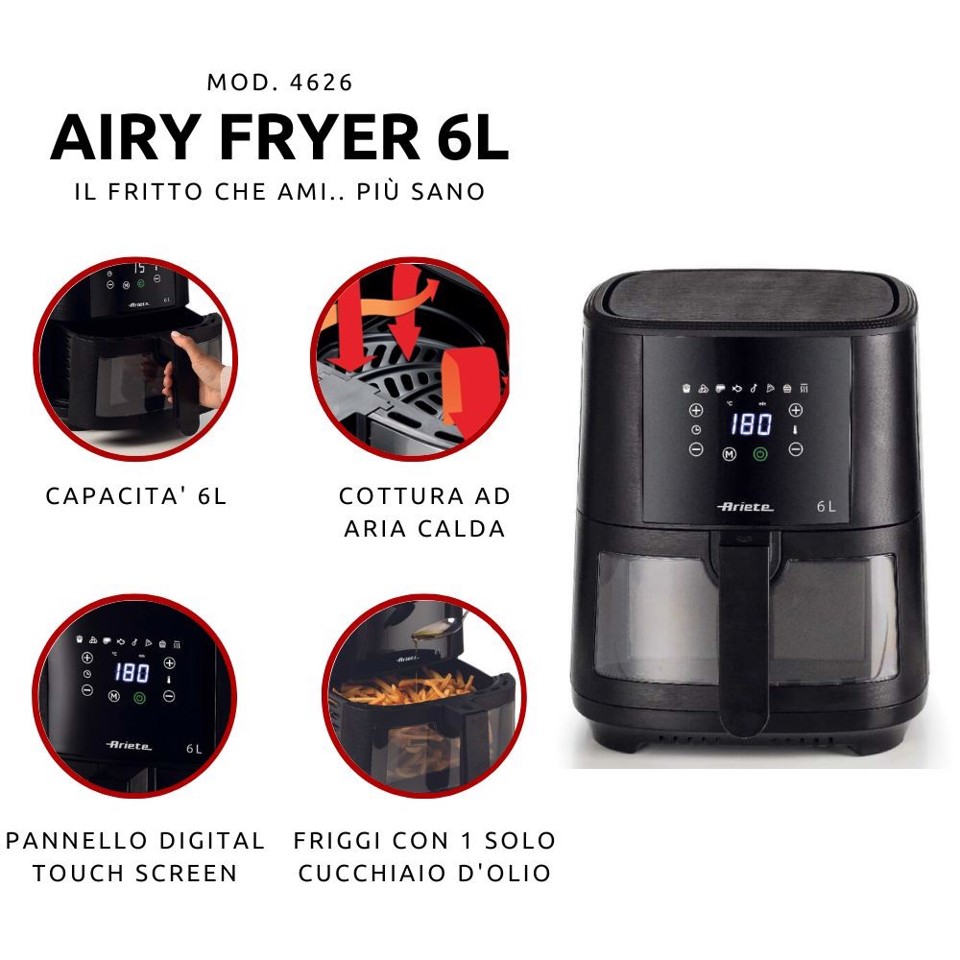 Ariete 4626 Airy Fryer 6L, Friggitrice ad aria, 1300 W, Capacità 6L, Capacità di cottura 2,5kg, 8 programmi preimpostati, Temperatura fino a 200°, Cestello trasparente per controllo cottura, Nero mod.4626/00