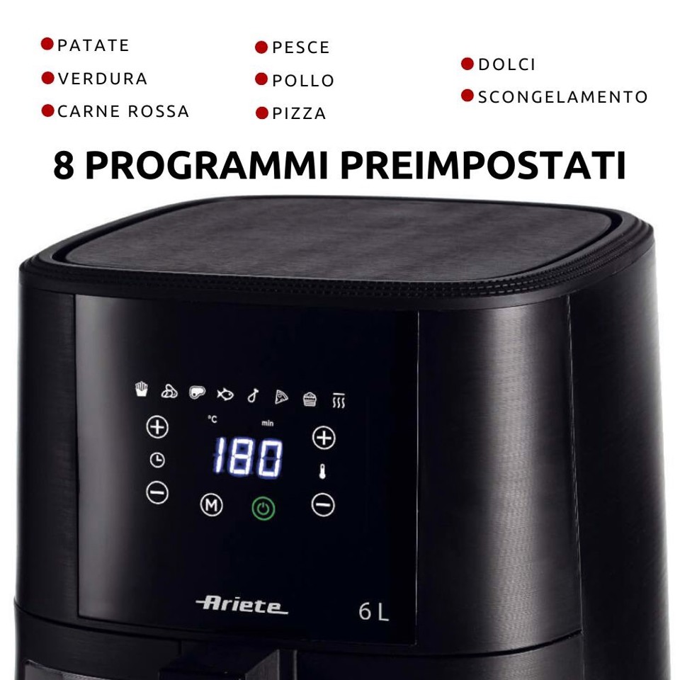 Ariete 4626 Airy Fryer 6L, Friggitrice ad aria, 1300 W, Capacità 6L, Capacità di cottura 2,5kg, 8 programmi preimpostati, Temperatura fino a 200°, Cestello trasparente per controllo cottura, Nero mod.4626/00