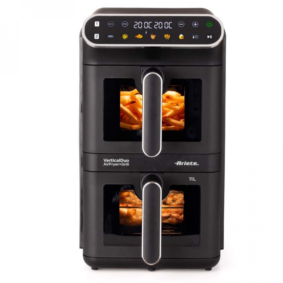 Ariete 4640 Air Fryer Vertical DUO, Friggitrice ad aria doppia verticale, 2460W, 11L, Due cestelli, Sync e Dual, 6 programmi, Funzione Grill, Fino a 200°C