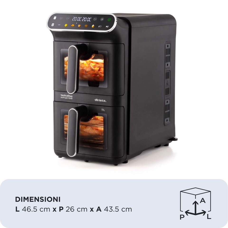 Ariete 4640 Air Fryer Vertical DUO, Friggitrice ad aria doppia verticale, 2460W, 11L, Due cestelli, Sync e Dual, 6 programmi, Funzione Grill, Fino a 200°C