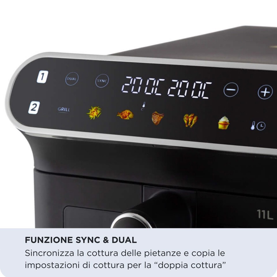 Ariete 4640 Air Fryer Vertical DUO, Friggitrice ad aria doppia verticale, 2460W, 11L, Due cestelli, Sync e Dual, 6 programmi, Funzione Grill, Fino a 200°C