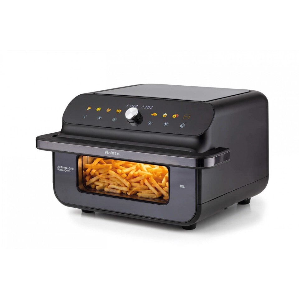 Ariete 4649 Air Fryer + Grill Pizza oven, Friggitrice e forno pizza, 2000W, Capacità 10L, 8 programmi di cottura, Timer, Cuoce una pizza intera, Finestra trasparente + luce, doppia resistenza, fino a 230°C