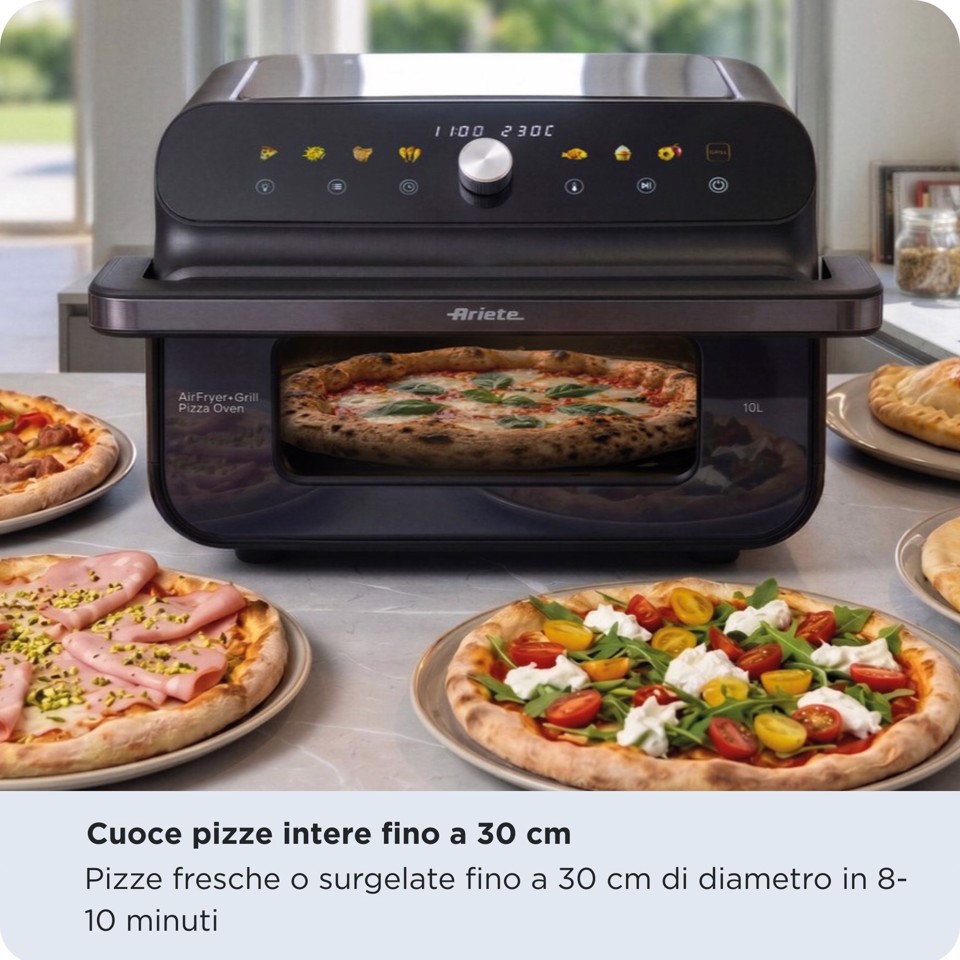 Ariete 4649 Air Fryer + Grill Pizza oven, Friggitrice e forno pizza, 2000W, Capacità 10L, 8 programmi di cottura, Timer, Cuoce una pizza intera, Finestra trasparente + luce, doppia resistenza, fino a 230°C