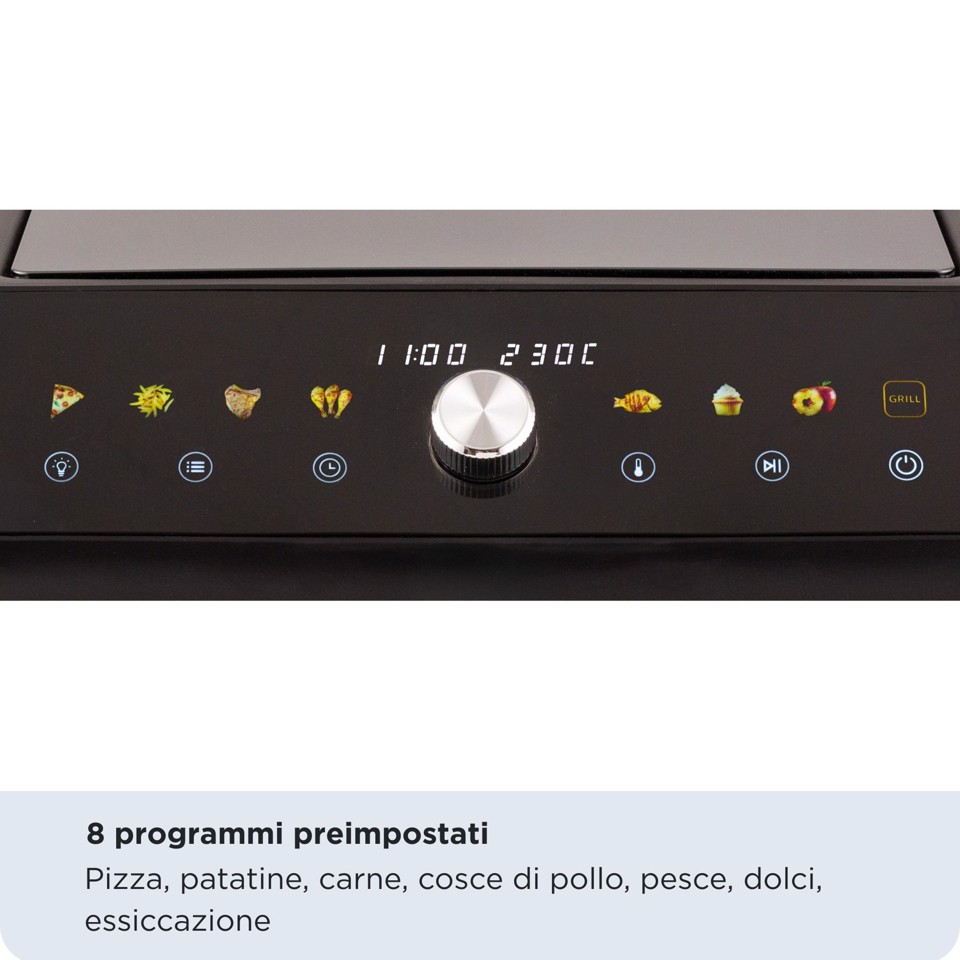 Ariete 4649 Air Fryer + Grill Pizza oven, Friggitrice e forno pizza, 2000W, Capacità 10L, 8 programmi di cottura, Timer, Cuoce una pizza intera, Finestra trasparente + luce, doppia resistenza, fino a 230°C