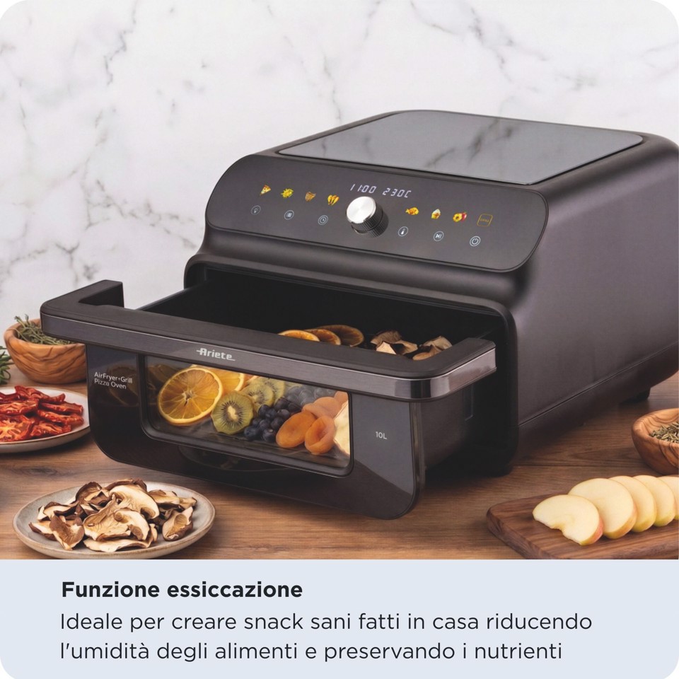 Ariete 4649 Air Fryer + Grill Pizza oven, Friggitrice e forno pizza, 2000W, Capacità 10L, 8 programmi di cottura, Timer, Cuoce una pizza intera, Finestra trasparente + luce, doppia resistenza, fino a 230°C