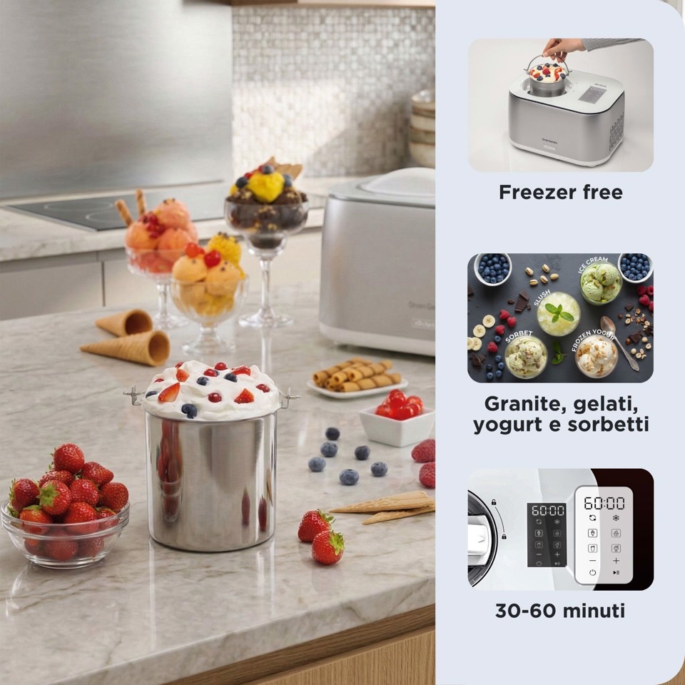 Ariete 644 Gran Gelato 4in1, Gelatiera con compressore, Gelato, Yogurt, Sorbetto e Granita, 30-60 minuti, Funzione mantenimento del freddo