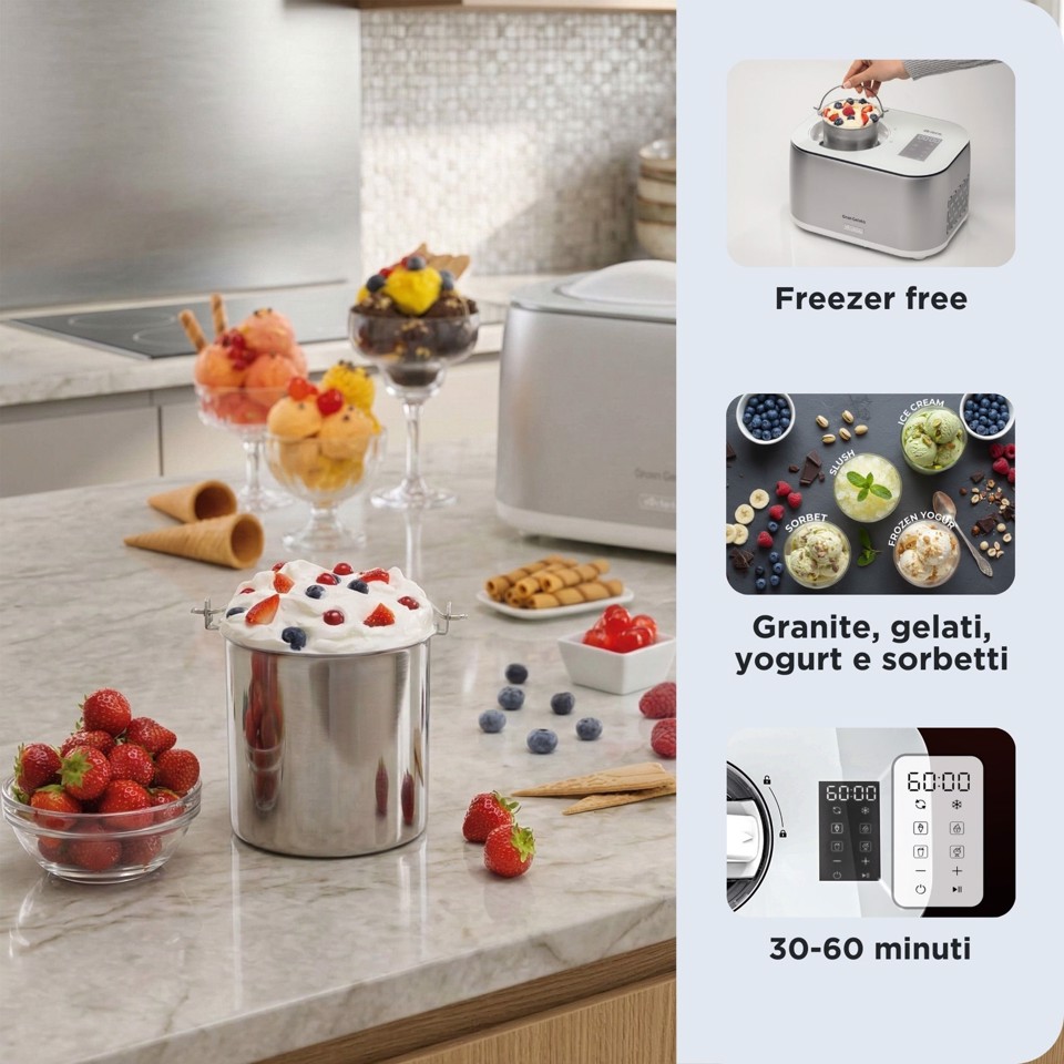Ariete 644 Gran Gelato 4in1, Gelatiera con compressore, Gelato, Yogurt, Sorbetto e Granita, 30-60 minuti, Funzione mantenimento del freddo
