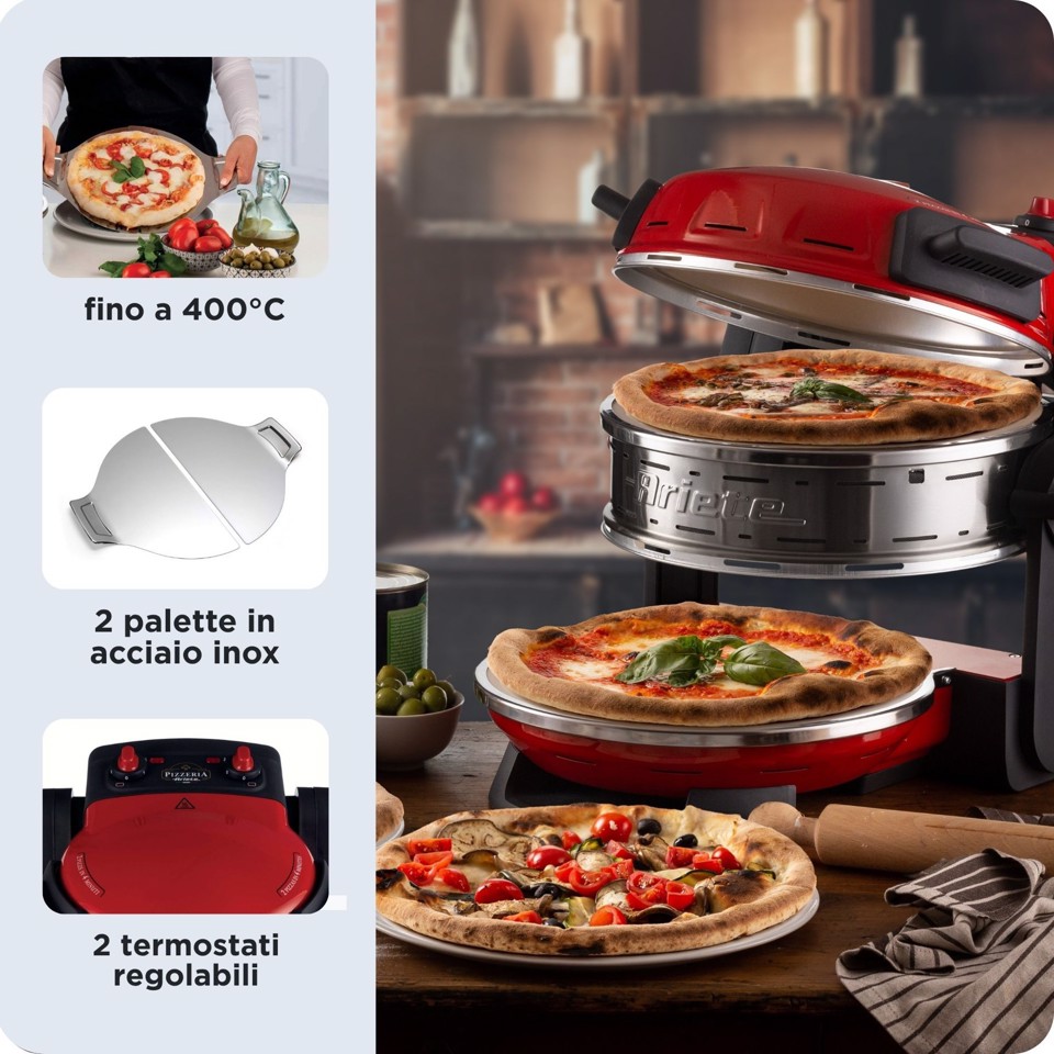 Ariete 927 Pizzeria , Forno pizza doppio, 2300 W, 2 pietre refrattarie, 2 pizze in 4 minuti, 2 termostati, Diametro 32 cm, 5 livelli di cottura, 2 pale in acciaio inox, Rosso