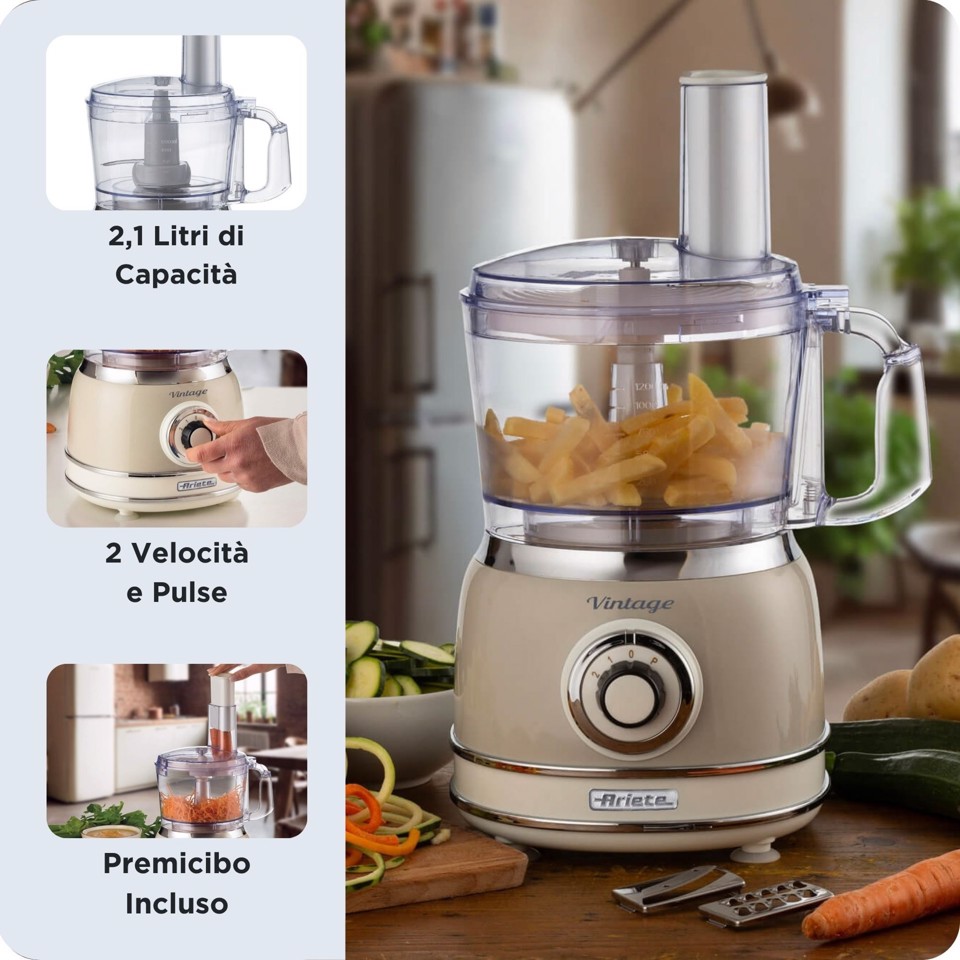 Ariete Linea Vintage 1781 Robot da cucina Vintage, 1000W, Capacità 2,1L (utilizzabile 1,2L), Per preparazione impasti, Beige