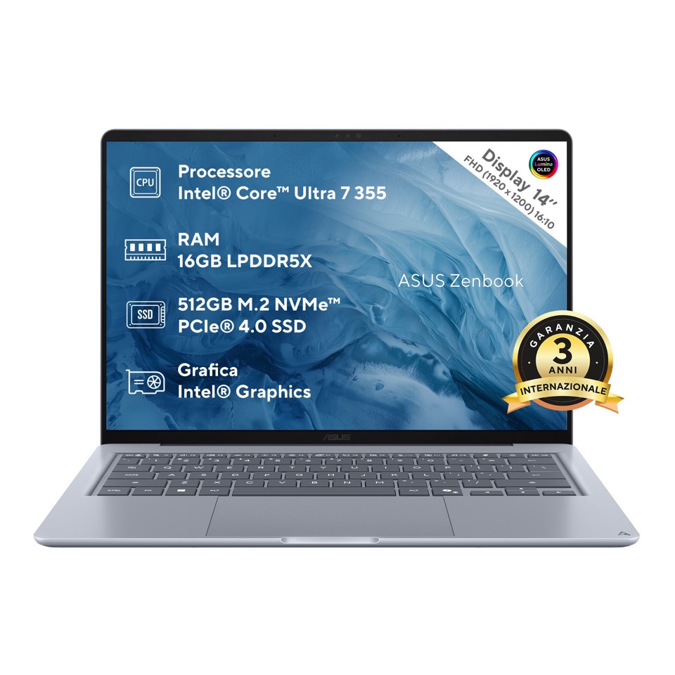 ASUS Zenbook 14 UX3480AA-U1006W Copilot+ PC Intel Core Ultra 7 355 Computer portatile 35,6 cm (14") WUXGA 16 GB LPDDR5x-SDRAM 512 GB SSD Wi-Fi 6E (802.11ax) Windows 11 Home Blu