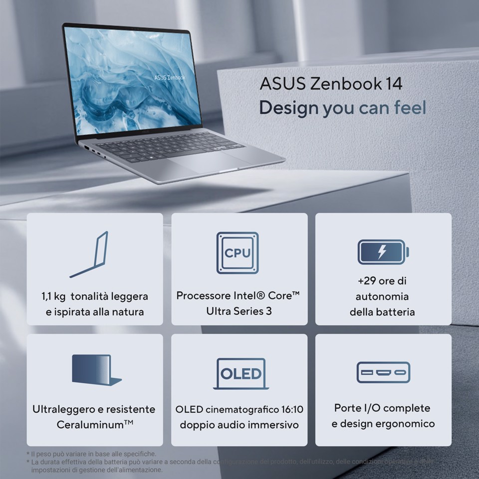 ASUS Zenbook 14 UX3480AA-U1006W Copilot+ PC Intel Core Ultra 7 355 Computer portatile 35,6 cm (14") WUXGA 16 GB LPDDR5x-SDRAM 512 GB SSD Wi-Fi 6E (802.11ax) Windows 11 Home Blu