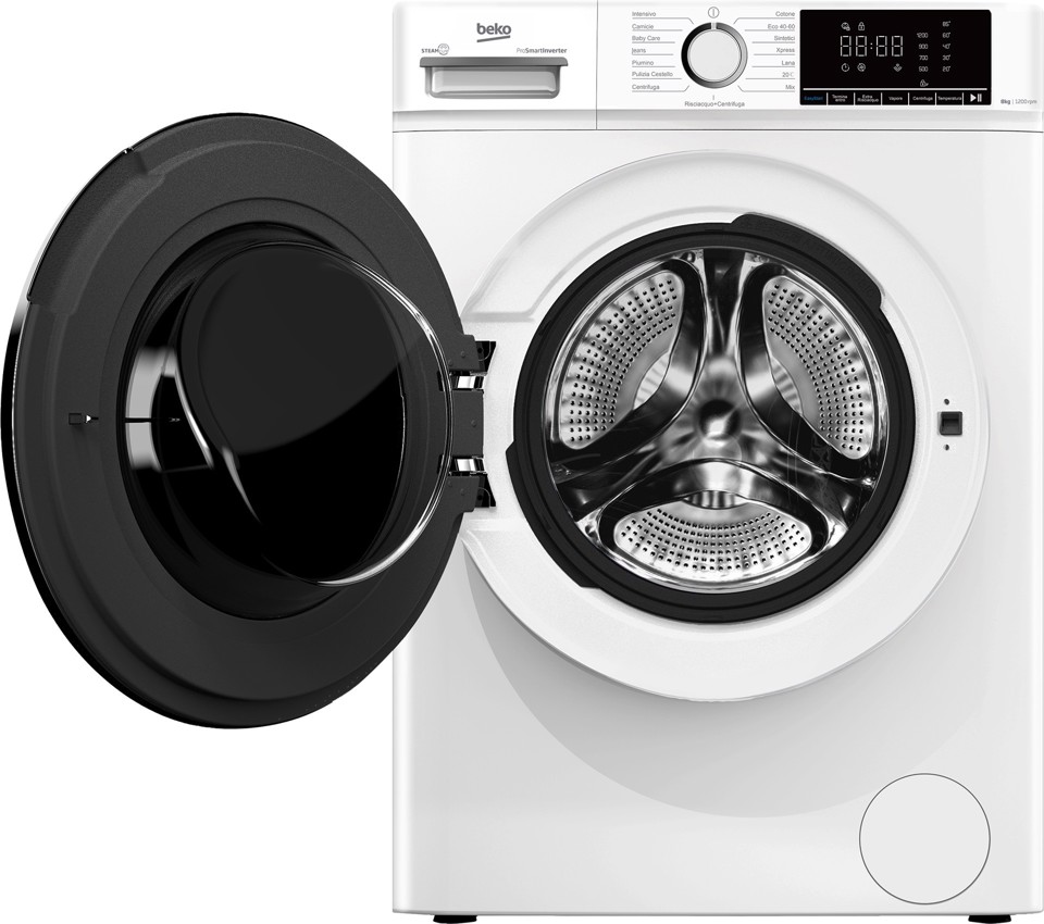Beko b100 BMX8126DW 8kg classe A bianco, inverter 1200 giri, display XL, oblò bianco, vapore